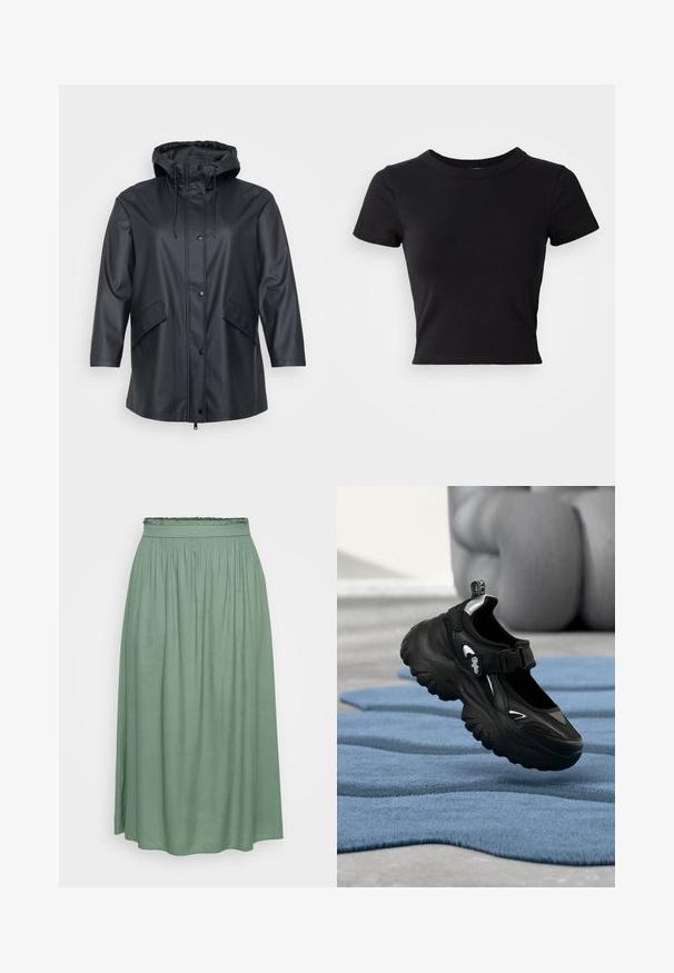 Sort vandtæt jakke med hætte, trykknapper, to frontlommer og elastiske snore til justerbar pasform. Glat tekstur.; Sort cropped t-shirt lavet af solid bomuld, med korte ærmer og rund halsudskæring, med et glat og enkelt design.; Grøn midi-nederdel med en samlet elastisk talje, glat tekstur og flodende design, der har en let A-form og ingen mønstre.; Sort chunky sneaker med tyk sål og velcrolukning på blåt tekstureret tæppe, sløret baggrund med en siddende person.