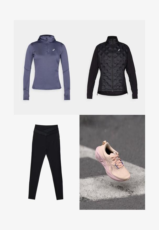 Sort jakke med en pufbelagt, struktureret front og glatte ærmer. Har en høj krave og lynlås lukning, designet til varme og fleksibilitet.; Langærmet atletisk trøje i mørkeblå, med lynlås i halsen, hætte og tommelfingerhuller. Tekstureret stof med et geometrisk mønster. Logo på brystet.; Sorte leggings med høj talje og bred, krydset taljebånd samt tætsiddende pasform langs benene på en hvid baggrund.; Lys pink atletisk sko med en tekstureret overdel, polstret sål og kontrastfarvede blå snørebånd, vist i luften over en tekstureret overflade.