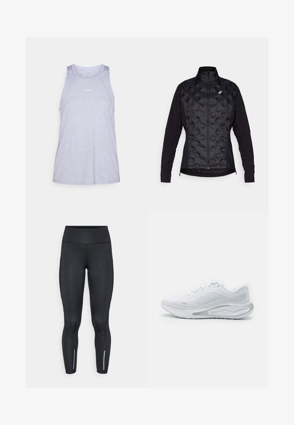 Sort jakke med en pufbelagt, struktureret front og glatte ærmer. Har en høj krave og lynlås lukning, designet til varme og fleksibilitet.; Lyslilla atletisk tanktop, lavet af åndbart stof, med rund halsudskæring, ærmeløst design og minimal logoaccent.; Sorte leggings lavet af strækbart materiale med høj talje, der har reflekterende detaljer nær anklerne og en glat overflade.; Nike Performance JOURNEY RUN - Løbesko til landevejen - white/pure platinum/metallic silver