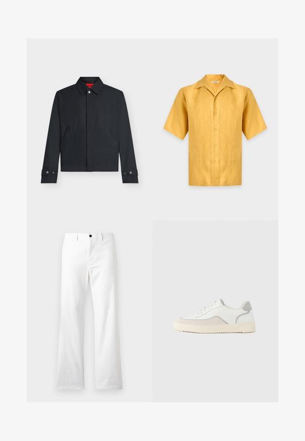 Veste noire pour homme avec col rabattable, fermeture par boutons à l’avant, deux poches latérales inclinées et poignets à boutons.; Chemise jaune à manches courtes avec boutons et col large, présentée sur un fond gris clair uni.; Pantalon blanc à jambes droites avec bouton frontal et passants de ceinture, présenté sur un fond clair uni.; Baskets blanches avec une tige en cuir lisse, des accents en daim gris, des coutures ton sur ton et une semelle en caoutchouc crème texturée. Design minimaliste.