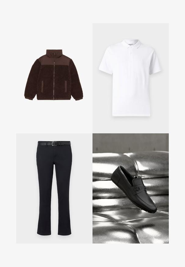 Bruine zip-up jas met een zachte, textuur fleece lichaamsdeel, gladde stof op de schouders en zijzakken. Hoge kraag voor extra warmte.; Witte polo met een klassieke kraag, knoopsluiting met twee knopen, korte mouwen en een klein logo op de borst. Gemaakt van gladde stof.; Zwarte katoenmix broek met een recht model, met een platte voorzijde, riemlussen en een zwarte leren riem. Soepele textuur en geen zichtbare patronen.; Zwarte leren loafer met gespsluiting, rustend op een reflecterende metallic zilveren getufte ondergrond.