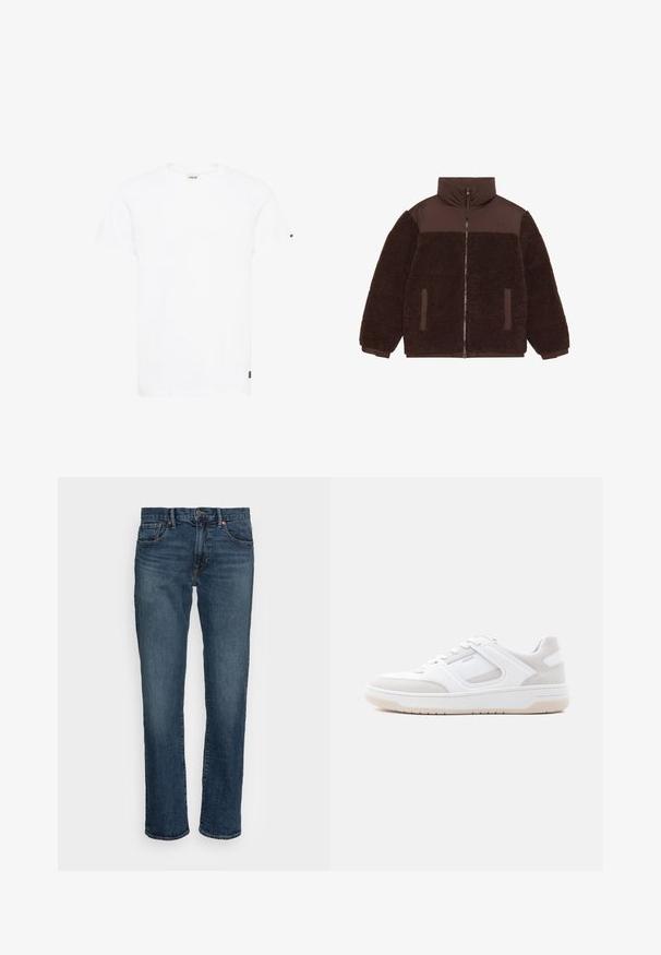 Veste brune zippée avec un corps en polaire doux et texturé, épaules en tissu lisse et poches latérales. Col haut pour une chaleur supplémentaire.; T-shirt en coton blanc avec un col rond, des manches courtes et une coupe droite. Présente un petit logo noir sur la manche gauche.; Jean en denim bleu foncé, coupe droite. Comprend cinq poches, quincaillerie en cuivre et un effet légèrement délavé sur le devant. Texture lisse.; Baskets basses blanches et beige clair avec fermeture à lacets, col matelassé et semelle en caoutchouc sur un fond clair uni.