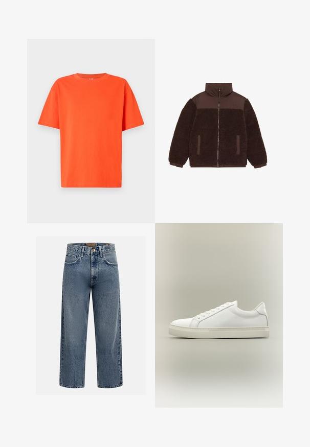 Bruine zip-up jas met een zachte, textuur fleece lichaamsdeel, gladde stof op de schouders en zijzakken. Hoge kraag voor extra warmte.; Fel oranje T-shirt met korte mouwen en een ronde hals met een losse pasvorm, afgebeeld tegen een effen lichte achtergrond.; Lichtblauwe denim wijde pijpen jeans met een hoge taille, voorzien van een knoopsluiting aan de voorkant en een ontwerp met vijf zakken, met een verweerde look.; Witte lage sneaker met veters aan de voorkant en dikke zool, zijaanzicht tegen een neutrale achtergrond.