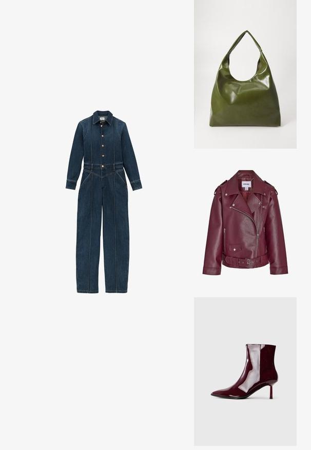 Bordeauxfarvet motorcykeljakke i kunstlæder med brede revers, sølv lynlås, trykknapper, bælte ved taljen og skulderstropper.; Mørkeblå denim jumpsuit med lange ærmer, knaplukning foran, klassisk krave og brede ben. Distinkte syninger hele vejen igennem.; Skinnende mørkerød ankelstøvle med spids tå og tynd mellem-højde hæl på en lys ensfarvet baggrund.; Grøn læder hobo taske med en slouchy design, buet håndtag og glat tekstur. Indeholder ingen synlig hardware eller accenter.