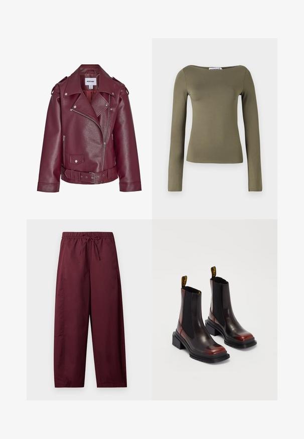 Veste de motard en simili cuir bordeaux avec larges revers, fermeture éclair argentée, boutons pression, ceinture à la taille et épaulettes aux épaules.; Haut à manches longues vert olive au design ajusté, fabriqué à partir d'un tissu lisse et extensible, avec un large col et des coutures minimales.; Pantalon ample couleur bordeaux avec taille élastique et cordon de serrage, jambes droites, sans poches visibles ni motifs.; Dr. Martens MAYBOLE CHELSEA - Bottines à plateau - black/cherry red