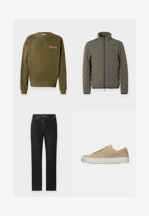 Veste matelassée vert olive avec un col montant, une fermeture éclair frontale et un motif en chevrons. Comporte des accents noirs le long de la fermeture éclair et des poignets.; Sweatshirt vert olive en coton, avec un col rond, des poignets côtelés et un patch brodé portant "MARNI" en rouge.; Jean noir à jambe droite en denim, doté d'une taille haute, d'un design à cinq poches et d'un look épuré et minimaliste sans embellissements.; Baskets basses en daim beige avec lacets beiges et une semelle en caoutchouc blanche épaisse, vues de profil sur un fond blanc uni.