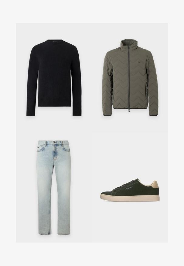 Olivengrøn quiltet jakke med høj krave, lynlås foran og chevronmønster. Har sorte detaljer langs lynlåsen og manchetterne.; Sort langærmet crew neck trøje med enkelt, tætsiddende design uden synlige mønstre eller logoer.; Lyseblå denimjeans med lige ben, der har fem-lomme design, knaplukning og subtile falmede detaljer.; Mørkegrøn sneaker med lavt snit, beige sål og hælflap, sorte snørebånd og "PS Paul Smith" logo på siden.