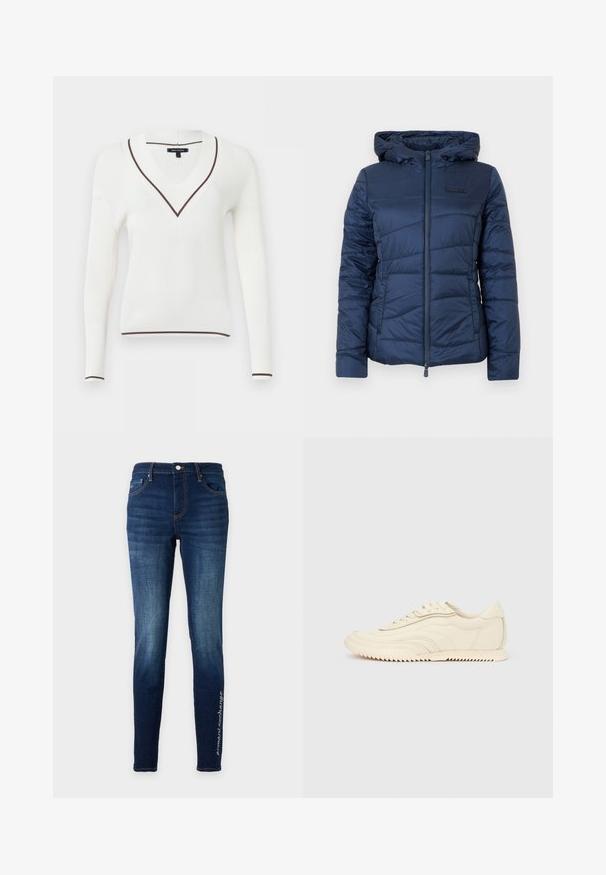 Veste matelassée bleu marine avec capuche, dotée d'une fermeture éclair à l'avant, d'un design matelassé et d'une surface texturée pour plus de chaleur et de confort.; Pull blanc côtelé à manches longues avec encolure en V, bordure marron sur le col, les poignets et l'ourlet, et étiquette Armani Exchange à l'intérieur du col.; Jean slim bleu foncé avec cinq poches et légère décoloration, avec un petit texte blanc le long de la partie inférieure externe de la jambe droite.; Baskets basses de couleur crème avec des coutures ondulées, une fermeture à lacets et une semelle crantée, vues de côté sur un fond uni.