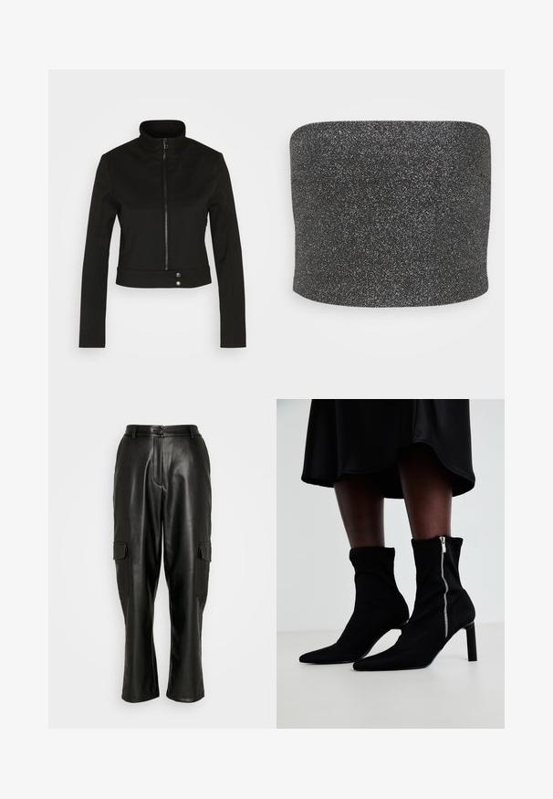 Diesel G-GAURI - Καλοκαιρινό μπουφάν - black; Μαύρος, γυαλιστερός σωλήνας από ύφασμα με λεία υφή, που διαθέτει ευρεία, κυλινδρική μορφή και συμπαγή κατασκευή, με ύψος περίπου 10 εκ.; ONLY ONLKIM PANT - Παντελόνι cargo - black; Μαύρες μποτάκια μέχρι τον αστράγαλο με ελαστικό ύφασμα, μυτερή μύτη και κλείσιμο με φερμουάρ στο πλάι, τοποθετημένα σε λεπτό ψηλό τακούνι.