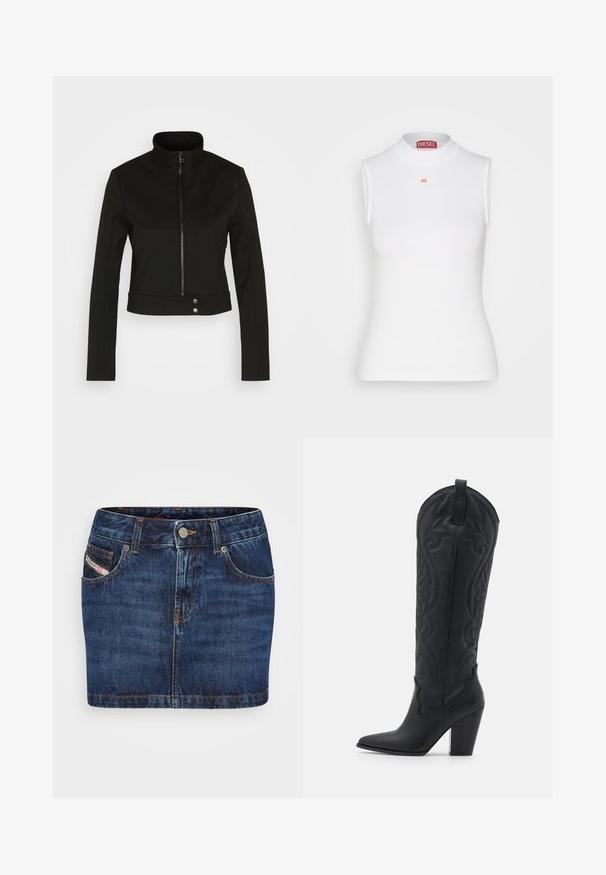 Diesel G-GAURI - Veste légère - black; Haut sans manches blanc avec un col épais côtelé, arborant un petit logo Diesel rouge à l'avant. Fabriqué en matériau ajusté et extensible.; Jupe en denim bleu foncé avec une coupe ajustée, cinq poches et des coutures orange. Inclut un système de fermeture à bouton métallique à la taille.; Zign by Zalando LEATHER - Bottes de cowboy / motard - black