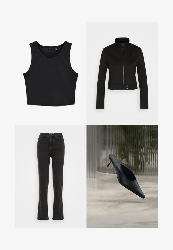 Diesel G-GAURI - Καλοκαιρινό μπουφάν - black; Μαύρο κοντό tank top φτιαγμένο από ριβέ ύφασμα. Διαθέτει φαρδιές τιράντες στους ώμους και στρογγυλή λαιμόκοψη με στενή εφαρμογή σε όλη την επιφάνεια.; Μαύρα τζιν με καμπάνα και ψηλή μέση, πέντε θ pockets, μεταλλικό κούμπωμα και στενή εφαρμογή στο μηρό, διευρύνονται στο στρίφωμα.; Μαύρο γυναικείο mule παπούτσι με μυτερή μύτη και λεπτό ψηλό τακούνι που αιωρείται πάνω από λείο σκυρόδεμα, με θολό φόντο με κάθετες ρίγες.