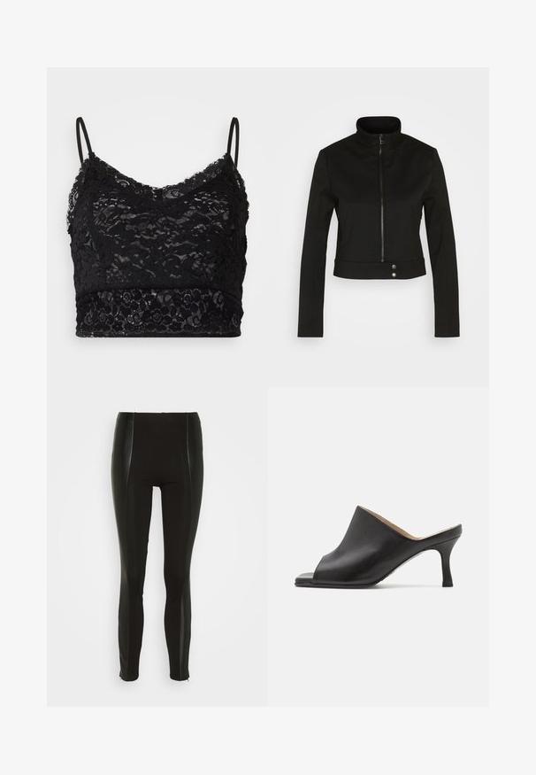 Diesel G-GAURI - Veste légère - black; Bralette en dentelle noire avec des bretelles spaghetti réglables, un motif de dentelle florale et une bande noire unie en bas.; Leggings noirs avec une taille haute, présentant des panneaux latéraux brillants et des détails de couture nets. Le tissu est extensible avec une texture lisse.; Selected ASHLEY - Mules à talons - black