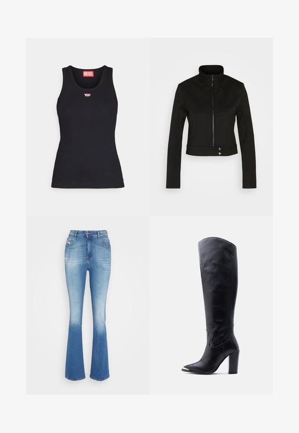 Diesel G-GAURI - Καλοκαιρινό μπουφάν - black; Μαύρο κοντομάνικο μπλουζάκι από βαμβάκι με στρογγυλή λαιμόκοψη, με μικρό κόκκινο λογότυπο στο στήθος και εφαρμοστή γραμμή.; Ανοιχτού μπλε τζιν φουσκωτά παντελόνια με ψηλή μέση, ήπια φθορά στα μηρά, δύο μπροστινές τσέπες και κούμπωμα με κουμπί στη μέση.; Μαύρο δερμάτινο μποτάκι μέχρι το γόνατο με μυτερή μύτη, χρυσή μεταλλική άκρη και ψηλό τετράγωνο τακούνι σε λευκό φόντο.