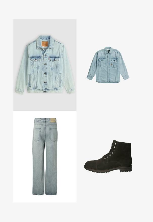 Hellblaue Jeansjacke mit Kragen, Knopfleiste, zwei Brusttaschen und Logo-Patch auf dem Rücken, mit einem verwaschenen Textur.; Hellblaue Jeans-Hemd mit langen Ärmeln, Kragen, durchgehender Knopfreihe vorne und zwei mit Knöpfen verschließbaren Brusttaschen auf weißem Hintergrund.; Hellblaue Jeans mit geradem Bein, zwei Gesäßtaschen und einem beigen Markenpatch am Bund.; Braune Wildleder-Stiefelette mit runder Spitze, Schnürung vorne, silberfarbenen Ösen und einer strukturierten Gummisohle. Flacher Absatz, schlichtes Design.