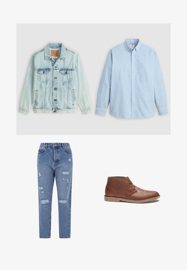 Hellblaue Jeansjacke mit Kragen, Knopfleiste, zwei Brusttaschen und Logo-Patch auf dem Rücken, mit einem verwaschenen Textur.; Hellblaues Hemd mit langem Arm, Knopfleiste, Button-Down-Kragen und einer einzelnen Brusttasche, flach liegend auf grauem Hintergrund.; Hellblaue Denim-Jeans mit hoher Taille, geradem Bein und einem verwaschenen Design, das Risse und fransige Kanten aufweist.; Braune Leder-Ankle Boots mit einem eleganten Design, ausgestattet mit einer schlichten Schnürung, runder Zehenform und Gummisohle. Glatte Textur mit genähten Akzenten.