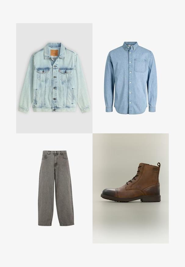 Veste en denim bleu clair avec un col, fermeture à boutons, deux poches poitrine et un patch logo au dos, présentant une texture usée.; Chemise en denim bleu clair à boutons, manches longues, col, poche avant et texture subtile. Présente des boutons blancs le long de la patte de boutonnage.; Pantalon en denim gris avec taille haute, jambes larges, design classique à cinq poches et fermeture à bouton à l'avant. Fini légèrement texturé.; Botte cheville en cuir marron à lacets avec bout noir, semelle ronde et détail de marque sur le côté sur fond uni.