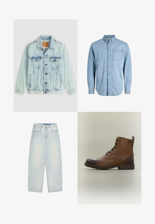 Veste en denim bleu clair avec un col, fermeture à boutons, deux poches poitrine et un patch logo au dos, présentant une texture usée.; Chemise en denim bleu clair à boutons, manches longues, col, poche avant et texture subtile. Présente des boutons blancs le long de la patte de boutonnage.; Jean en denim délavé clair avec une coupe ample à jambes larges. Comporte un design à cinq poches et une fermeture simple par bouton en métal. Ourlet effiloché à la base.; Botte cheville en cuir marron à lacets avec bout noir, semelle ronde et détail de marque sur le côté sur fond uni.
