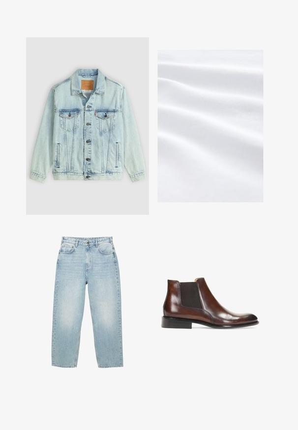 Hellblaue Jeansjacke mit Kragen, Knopfleiste, zwei Brusttaschen und Logo-Patch auf dem Rücken, mit einem verwaschenen Textur.; Weicher, glatter weißer Stoff mit dezenten horizontalen Falten und einem feinen, strukturierten Webmuster, gleichmäßig beleuchtet ohne Schatten.; Hellblaue hochgeschnittene Jeans aus Denim mit geradem Bein, vorderen und hinteren Taschen sowie einem Knopfverschluss mit sichtbaren Nähten.; Braune Leder-Stiefelette mit elastischen Seiteneinsätzen, glatter Oberfläche, genähten Details und einem niedrigen rechteckigen Absatz.