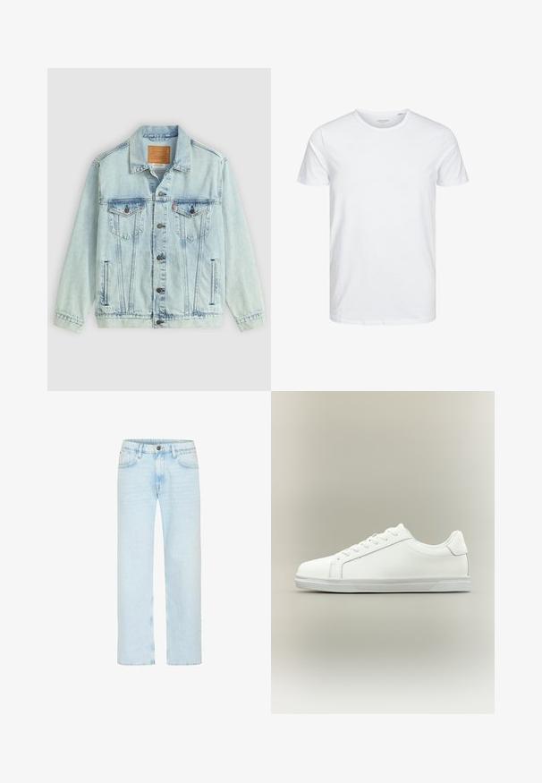 Chaqueta de denim azul claro con cuello, cierre de botones, dos bolsillos en el pecho y parche de logo en la parte posterior, con una textura desgastada.; Camiseta de manga corta y cuello redondo en blanco sólido, fabricada en algodón suave, presenta un diseño simple sin patrones ni acentos visibles.; Los jeans de denim azul claro cuentan con un diseño de pierna recta, con un cierre de botón clásico, cinco bolsillos y un ligero desgastado para aportar textura.; Zapatilla blanca de caña baja con cordones al frente y suela de goma texturizada sobre un fondo neutro y sencillo.