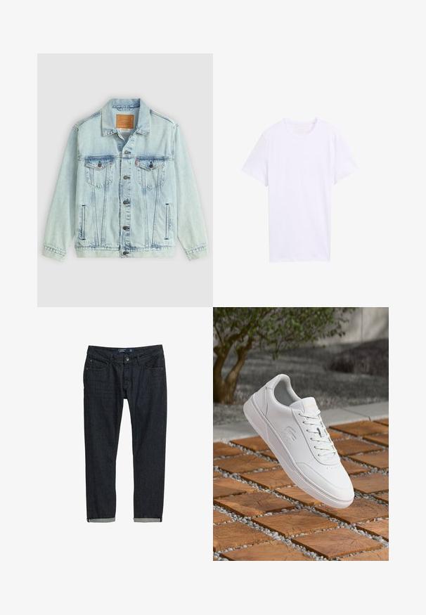 Hellblaue Jeansjacke mit Kragen, Knopfleiste, zwei Brusttaschen und Logo-Patch auf dem Rücken, mit einem verwaschenen Textur.; Schlichtes weißes T-Shirt aus Baumwolle, kurzärmelig mit Rundhalsausschnitt, Größe L, flach auf weißem Hintergrund präsentiert.; Dunkelblaue Jeans mit Slim-Fit, mit hochgekrempelten Säumen, klassischem Fünf-Taschen-Design und Knopfverschluss, vor einem weißen Hintergrund.; Weißer Lacoste-Sneaker mit Schnürsenkeln, der über quadratischen Holzkacheln und kleinen grauen Kieselsteinen schwebt, unscharfer Baum und Wand im Hintergrund.