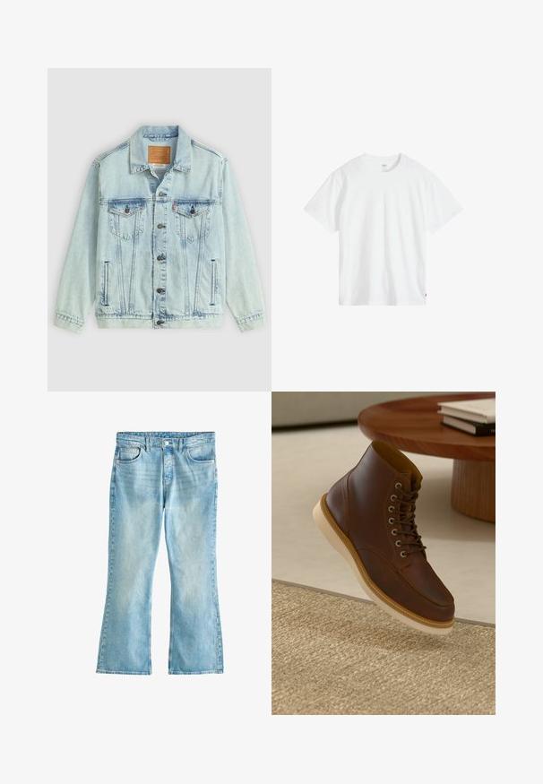 Hellblaue Jeansjacke mit Kragen, Knopfleiste, zwei Brusttaschen und Logo-Patch auf dem Rücken, mit einem verwaschenen Textur.; Weißes Baumwoll-T-Shirt mit Rundhalsausschnitt, kurzen Ärmeln und lockerer Passform. Verfügt über ein kleines Markenschild unten links.; Hellblaue Jeans aus Denim mit hoher Taille, Knopfverschluss, vorderen Taschen und leicht ausgestellten Beinenden.; Braune Leder-Ankle-Boots mit beiger Sohle auf einem strukturierten beigen Teppich neben einem runden Holztisch mit gestapelten Büchern.