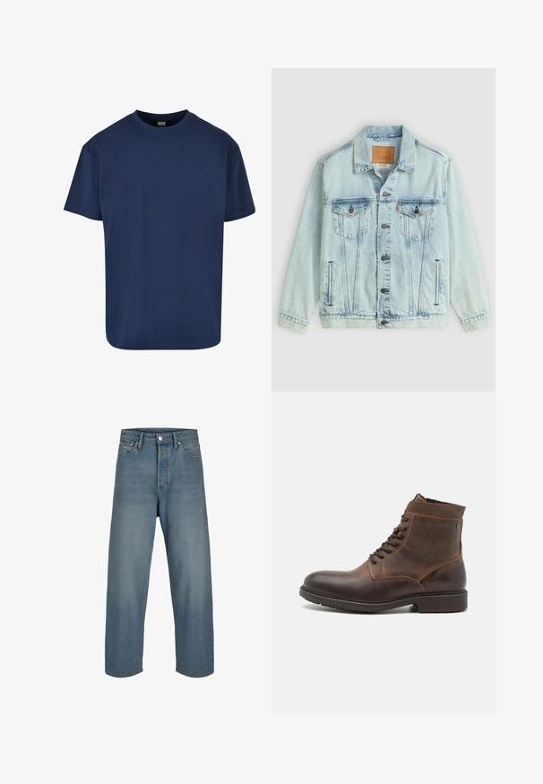 Veste en denim bleu clair avec un col, fermeture à boutons, deux poches poitrine et un patch logo au dos, présentant une texture usée.; T-shirt en coton bleu marine avec un col rond et des manches courtes. Texture lisse et coupe décontractée, idéal pour un style décontracté.; Jean en denim bleu clair avec une coupe décontractée, taille haute et jambes droites. Comprend des poches avant et une fermeture à bouton.; Jack & Jones JFWDELANEY BOOT - Bottines à lacets - cognac