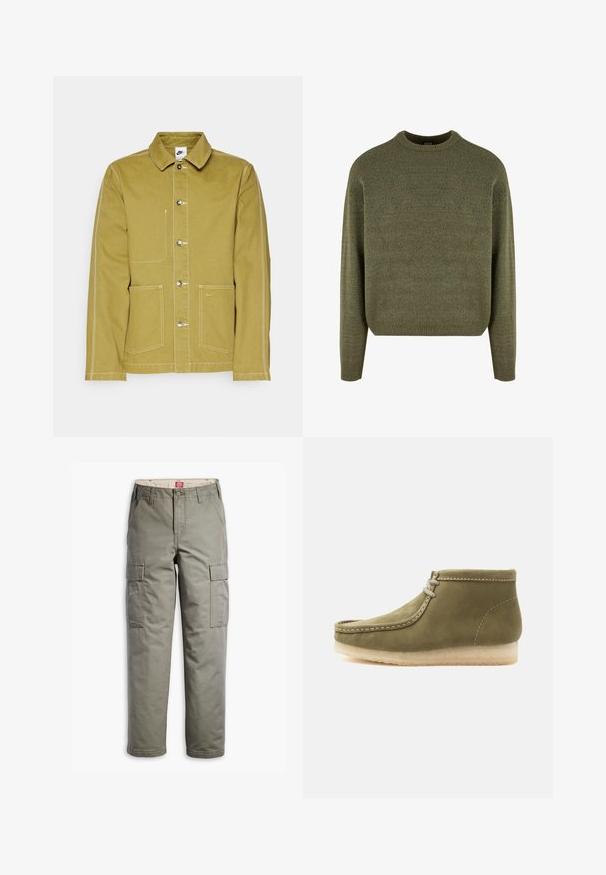 Oliven grøn jakke lavet af bomuld, med knaplukning fortil, to forlommer og kontrastsyede hvide sømme. Nike-logo på den nederste lomme.; Grøn uldblandings sweater med rund hals, ribbede manchetter og kant, samt en blød, struktureret finish. Klassisk, afslappet pasform med sænkede skuldre.; Cargo bukser i olivengrøn, lavet af slidstærkt bomuldsblanding, med sidelommer, lige ben design og knaplukning.; Ærmegrøn ruskindsankelstøvle med mokkasinstøvletå, hvide syninger, to-øjets snørebånd og crepesål på en hvid baggrund.