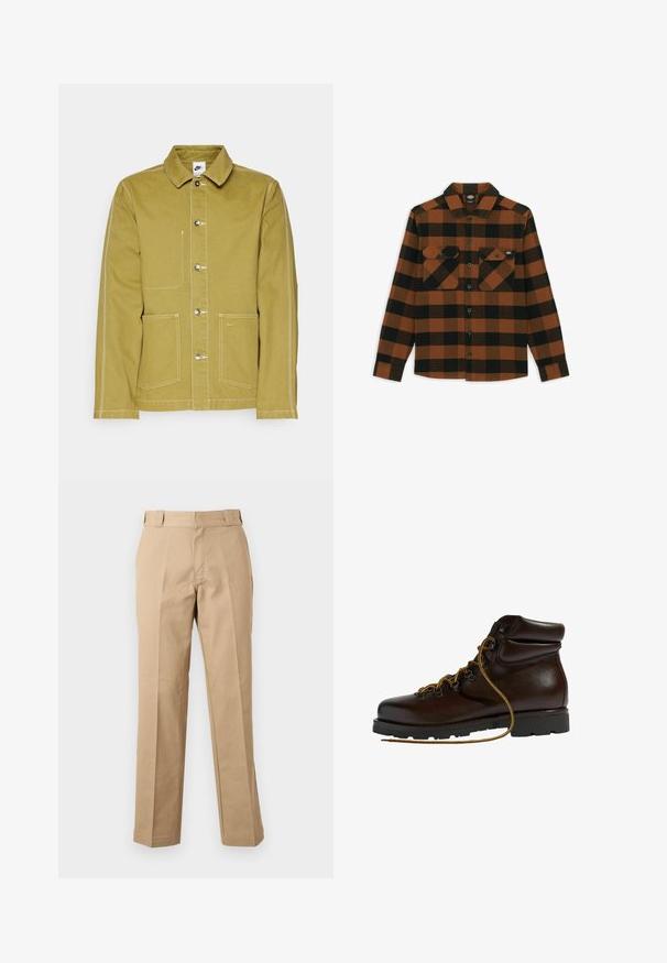 Veste vert olive en coton, avec un devant à bouton, deux poches avant et des coutures blanches contrastantes. Logo Nike sur la poche inférieure.; Chemise à manches longues en motif écossais orange et noir, fabriquée dans un tissu texturé. Comprend deux poches poitrine et une fermeture à boutons.; Pantalon beige droit avec passants de ceinture, fermeture éclair à l'avant et plis marqués, présenté sur un fond blanc uni.; Bottine de randonnée en cuir marron avec un bout arrondi, surface texturée, lacets jaunes et œillets en métal. Dotée d'une semelle en caoutchouc noir robuste.