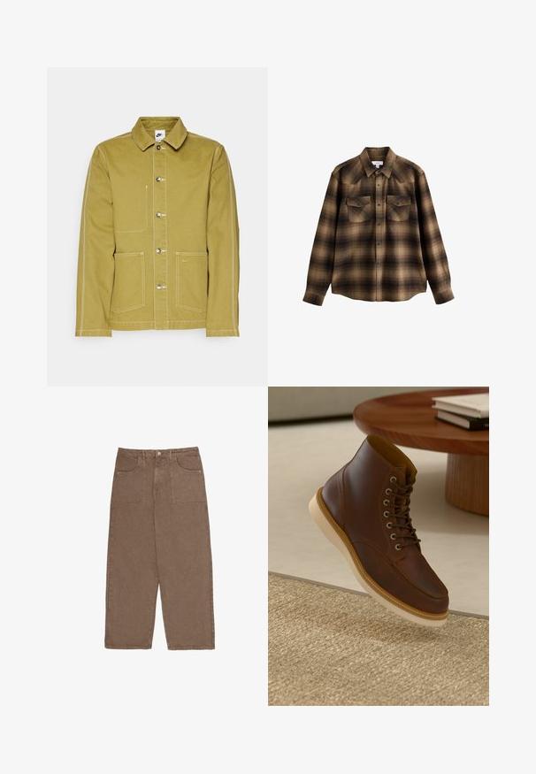 Veste vert olive en coton, avec un devant à bouton, deux poches avant et des coutures blanches contrastantes. Logo Nike sur la poche inférieure.; Chemise à carreaux marron et noire à manches longues avec col, boutons-pression sur le devant et deux poches poitrine à rabat avec boutons.; Pantalons larges marron en coton, dotés de deux poches avant et d'une fermeture à bouton. Le tissu a une texture douce et une finition mate.; Bottine en cuir marron avec semelle beige sur un tapis beige texturé à côté d'une table ronde en bois avec des livres empilés.