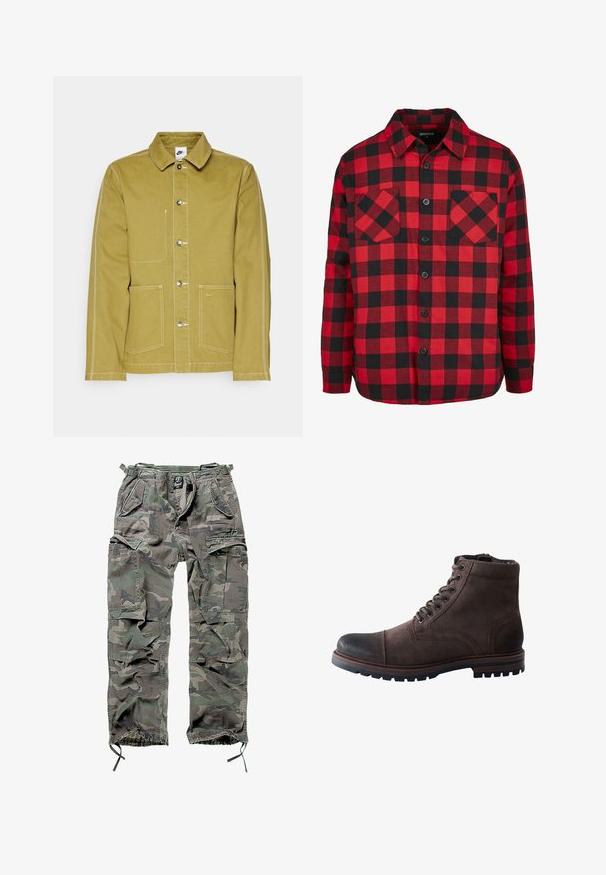 Oliven grøn jakke lavet af bomuld, med knaplukning fortil, to forlommer og kontrastsyede hvide sømme. Nike-logo på den nederste lomme.; Rød og sort ternet flanelskjorte med knaplukning, der har to brystlommer og krave. Fremstillet af tekstureret bomuldsstof.; Camo cargo bukser i grøn og grå, med flere lommer, elastisk talje, justerbare ankelmanchetter og en afslappet pasform.; Mørkebrun ruskindsnæglestøvle med forstærket sort snude og robust gummisål.