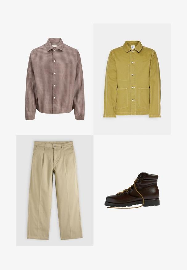 Veste vert olive en coton, avec un devant à bouton, deux poches avant et des coutures blanches contrastantes. Logo Nike sur la poche inférieure.; Chemise marron à manches longues avec motif à carreaux blancs et poche poitrine, dotée d'un col classique et de cinq boutons sur le devant.; Pantalon beige droit avec plis sur le devant, passants pour ceinture, poches latérales et fermeture par bouton à la taille.; Bottine de randonnée en cuir marron avec un bout arrondi, surface texturée, lacets jaunes et œillets en métal. Dotée d'une semelle en caoutchouc noir robuste.
