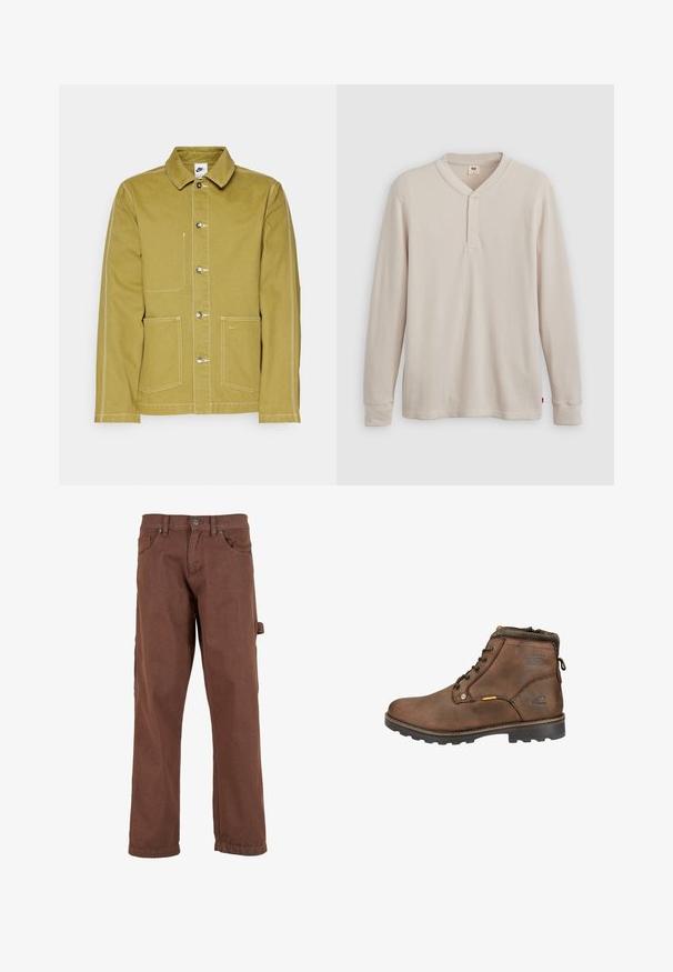 Olivgrüne Jacke aus Baumwolle mit Knopfverschluss vorne, zwei frontalen Taschen und kontrastierendem weißen Nähten. Nike-Logo auf der unteren Tasche.; Langärmliges Henley-Shirt aus leicht beigem Rippstoff mit V-Ausschnitt, Knopfleiste mit drei Knöpfen und angeschnittenen Ärmeln. Roter Logo-Tag am Saum.; Braune Cargo-Hose aus robustem Stoff, mit geradem Bein, Fronttaschen und einer Seitentasche mit Klappe.; Braune Leder-Ankle-Boots mit runder Zehenpartie, Schnürdesign, gepolstertem Kragen und strukturiertem Gummisohle. Mit Logo und Metallelementen ausgestattet.