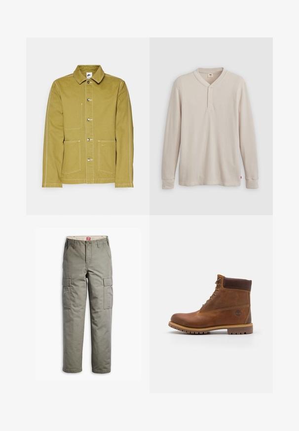 Olivgrüne Jacke aus Baumwolle mit Knopfverschluss vorne, zwei frontalen Taschen und kontrastierendem weißen Nähten. Nike-Logo auf der unteren Tasche.; Langärmliges Henley-Shirt aus leicht beigem Rippstoff mit V-Ausschnitt, Knopfleiste mit drei Knöpfen und angeschnittenen Ärmeln. Roter Logo-Tag am Saum.; Cargo-Hosen in Olivgrün, aus strapazierfähigem Baumwollmix, mit seitlichen Taschen, einem geraden Bein-Design und Knopfverschluss.; Braune Lederwanderschuhe mit glatter Oberfläche, gepolstertem Knöchel, Metallösen und einer Gummisohle mit robustem Profil.