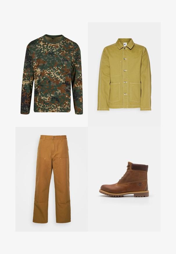 Oliven grøn jakke lavet af bomuld, med knaplukning fortil, to forlommer og kontrastsyede hvide sømme. Nike-logo på den nederste lomme.; Langærmet camouflage t-shirt i grøn, brun og beige med rund halsudskæring. Har et blandet mønster af uregelmæssige pletter og teksturer.; Brune bomuldsarbejdsbukser med lige ben-design, der har frontlommer og metalhardware detaljer for ekstra holdbarhed.; Brun læder vandrestøvle med en glat finish, polstret ankel, metalliske snørehuller og en gummisål med et robust dækmønster.