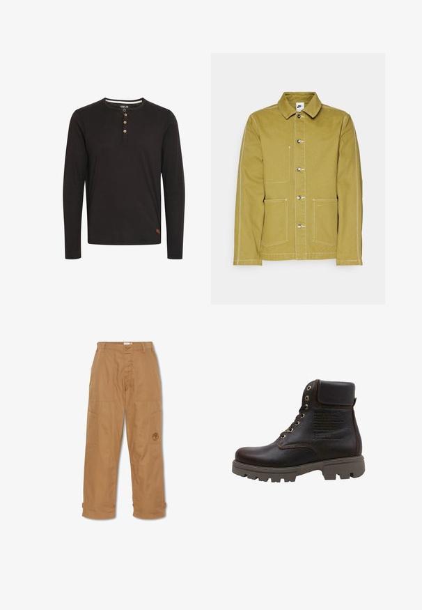 Chaqueta verde oliva de algodón, con un cierre de botones en la parte delantera, dos bolsillos frontales y costuras blancas en contraste. Logo de Nike en el bolsillo inferior.; Camisa de manga larga negra hecha de una tela suave, con un cuello redondo, tapeta de botones con botones de madera y una pequeña etiqueta de logo en el dobladillo.; Pantalones de trabajo color caqui, hechos de una tela resistente, cuentan con múltiples bolsillos, un cierre de botón y un logo bordado en el muslo.; Panama Jack CODY - Botines con cordones - brown
