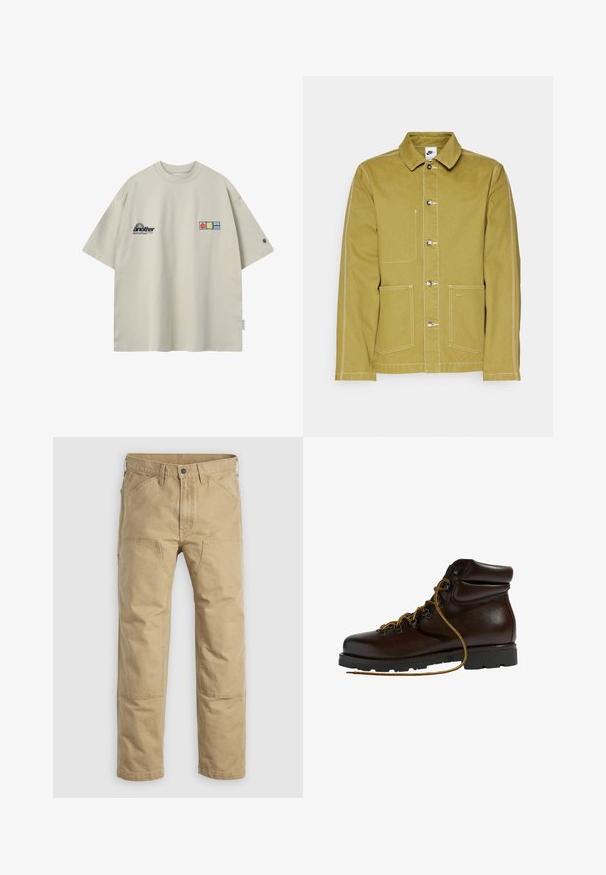 Veste vert olive en coton, avec un devant à bouton, deux poches avant et des coutures blanches contrastantes. Logo Nike sur la poche inférieure.; T-shirt oversize beige à manches courtes, avec le texte « another » et trois petits patchs colorés sur le devant.; Pantalon de travail kaki en coton robuste, doté d'une coupe droite, de renforts aux genoux et de multiples poches avant.; Bottine de randonnée en cuir marron avec un bout arrondi, surface texturée, lacets jaunes et œillets en métal. Dotée d'une semelle en caoutchouc noir robuste.