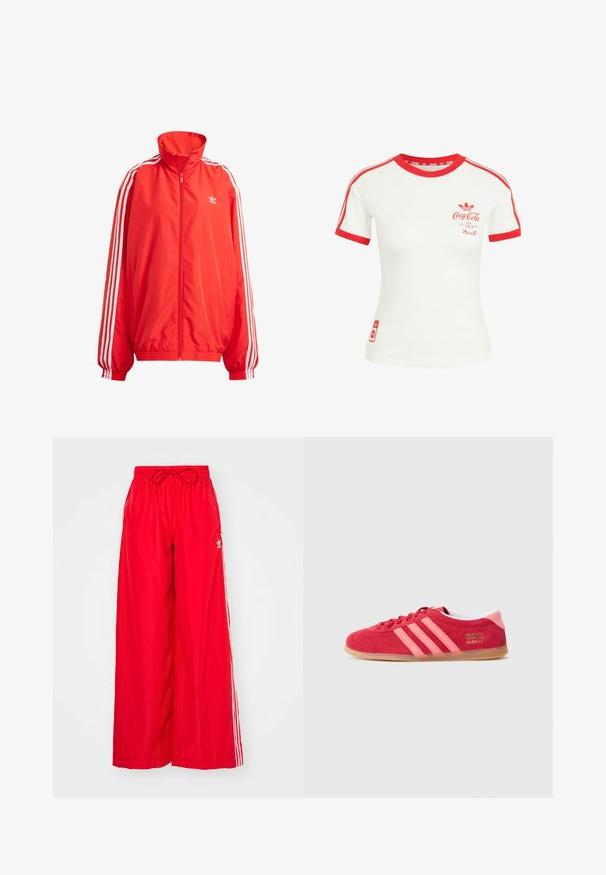 Veste coupe-vent rouge avec un col haut, fermeture éclair, rayures blanches sur les manches, poignets élastiques et taille élastique ; arbore un petit logo sur la poitrine.; T-shirt blanc à manches courtes avec col rouge, bordure des manches, rayures et logo Coca-Cola sur la poitrine et le bas.; Pantalons larges rouges en tissu léger, dotés de rayures blanches sur les côtés et d'une taille élastique avec un cordon de serrage.; Baskets en daim rouge avec des rayures roses, une semelle en caoutchouc gomme et des détails de logo dorés. Elles présentent un bout arrondi et un design à lacets.