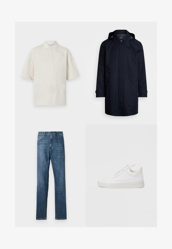 Manteau imperméable bleu marine avec capuche, fermeture à boutons, deux poches avant et détails à onglet aux poignets. Fini extérieur lisse.; Polo beige à manches courtes, col classique, trois boutons devant et texture douce. Dispose d'une coupe décontractée et ample.; Jeans en denim bleu foncé, design à jambe droite, style à cinq poches, couture visible et fermeture à bouton classique. Effet de délavage léger sur le tissu.; Baskets en cuir blanc avec un embout arrondi, une semelle plate et un laçage à l'avant. Présentent des détails de couture et un col rembourré pour plus de confort.