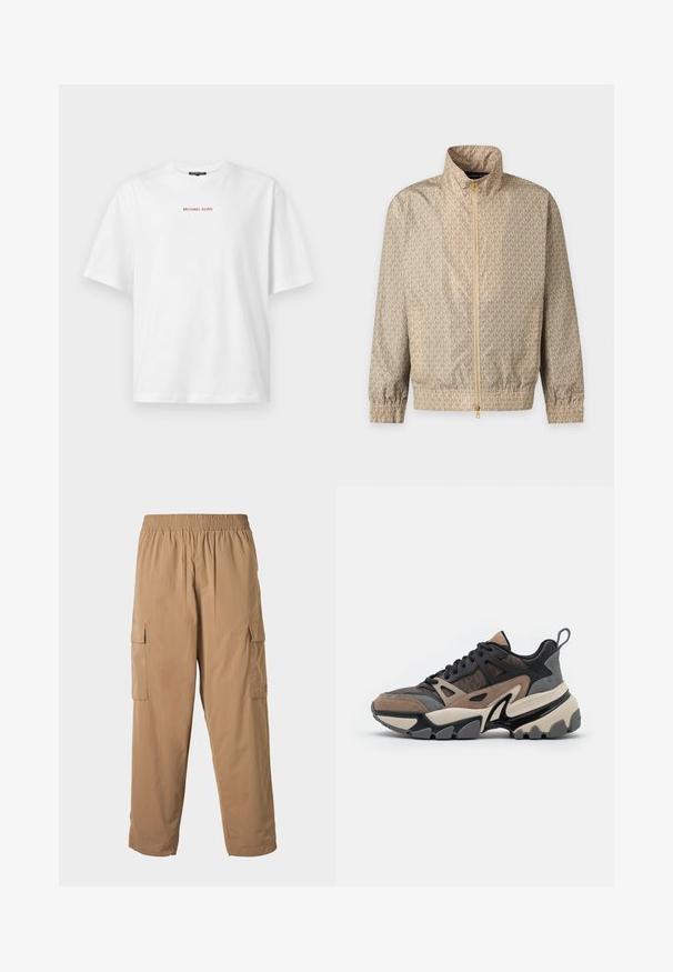 Chaqueta beige con cremallera, puños y bajo elásticos, con un patrón de logo MK repetitivo por todo y un cuello alto.; Camiseta blanca de manga corta con cuello redondo y pequeño texto rojo "MICHAEL KORS" centrado en el pecho.; Pantalones cargo beige con banda elástica en la cintura, que cuentan con múltiples bolsillos laterales y una textura ligera y suave. Diseño de pierna recta.; Zapatilla chunky en gris, marrón y negro con una mezcla de materiales de ante y malla, que presenta una suela gruesa y elementos de diseño distintivos.