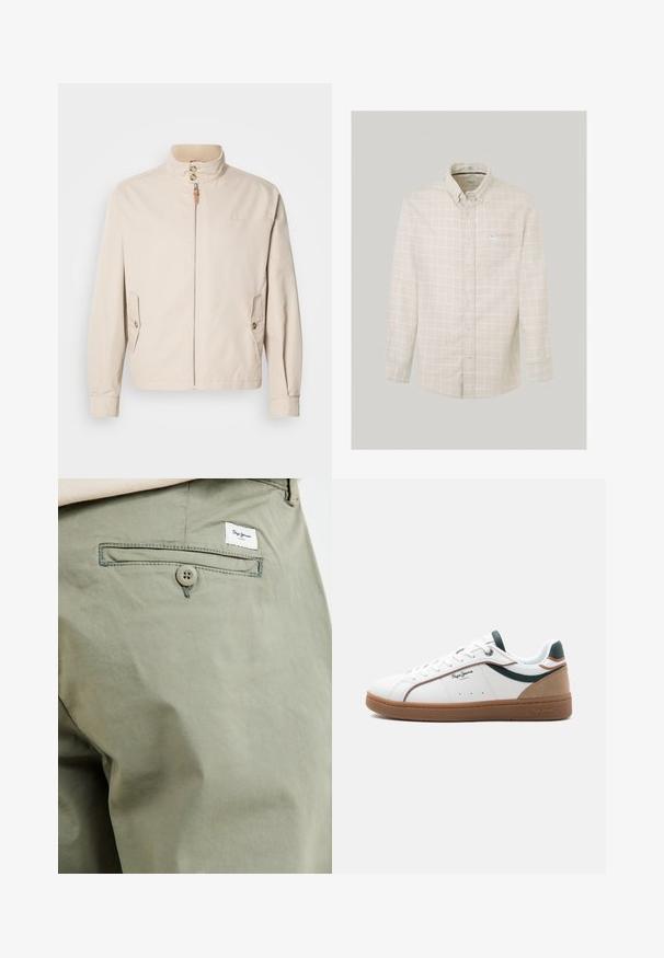 Beige katoenen jack met een korte opstaande kraag, voorrits, twee zijzakken en knoopdetails. Gladde textuur met minimalistisch ontwerp.; Lichtbeige overhemdd met een ruitpatroon in het wit. Bevat een kraag, lange mouwen en een borstzak met een klein logo-label.; Licht olijfgroene katoenen broek met een achterzak, voorzien van een knoopsluiting en een klein merkembleem dat boven de zak is gestikt.; Witte lage sneaker met een bruine zool, groene en beige accenten, witte veters en het "Pepe Jeans London"-logo aan de zijkant.