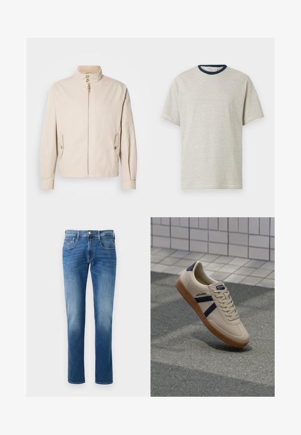 Beige katoenen jack met een korte opstaande kraag, voorrits, twee zijzakken en knoopdetails. Gladde textuur met minimalistisch ontwerp.; Wit T-shirt met korte mouwen, dunne horizontale zwarte strepen en een effen donkerblauwe ronde halslijn.; Heren blauwe denim jeans met een vervaagde was, straight leg ontwerp, vijf zakken en een sluiting met een knoop aan de voorkant. Gestikte accenten op de zakken.; Beige sneaker met een textuurafwerking, marineblauwe strepen en een rubberen zool. Heeft een gevoerde tong en een traditioneel vetersysteem voor een veilige pasvorm.
