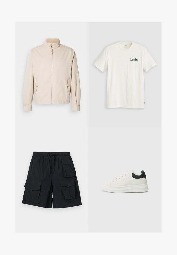Beige bomuldsjakke med en kort stående krave, lynlås foran, to sidelommer og knapdetaljer. Glat tekstur med minimalistisk design.; Hvid T-shirt med korte ærmer og grønt "Levi's"-logo på venstre bryst samt en lille rød Levi's-mærkat nederst på højre side.; Sorte cargo shorts lavet af letvægtsstof, med flere store lommer, elastisk talje med snor og en glat tekstur.; Hvid lædersneaker med sort hælafslutning, rund tå, flad hvid sål og snørelukning. Minimale perforeringer på siderne.