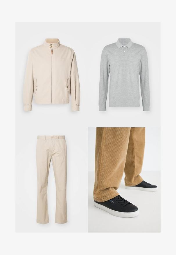 Beige katoenen jack met een korte opstaande kraag, voorrits, twee zijzakken en knoopdetails. Gladde textuur met minimalistisch ontwerp.; Grijze long-sleeve polo shirt gemaakt van zachte stof; heeft een kraag, drie knopen en een subtiele geborduurde logo op de borst.; Beige katoenen chinos met een recht gesneden ontwerp, met een knoopsluiting en subtiele plooien voor textuur. Glad stof en strakke lijnen.; Zwarte leren sneakers met witte rubberen zolen. Draagt een paar tan corduroy broeken met verticale ribbels en een ontspannen pasvorm.