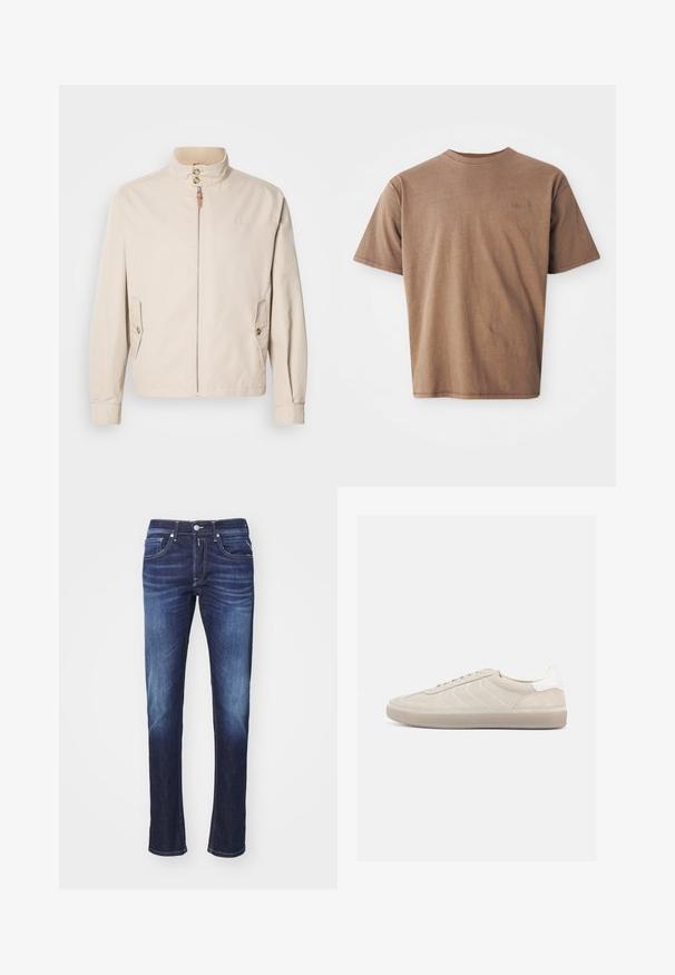 Beige katoenen jack met een korte opstaande kraag, voorrits, twee zijzakken en knoopdetails. Gladde textuur met minimalistisch ontwerp.; Bruine katoenen t-shirt met ronde hals, korte mouwen en een discreet geborduurd logo op de linkerborst. Soepele structuur, relaxte pasvorm.; Donkerblauwe denim jeans met een rechte pijp, voorzien van vijf zakken, een knopenrits en subtiele vervaging langs de dijen.; Beige suède sneaker met een gestructureerd bovenwerk, een gladde witte hielkap, dunne veters en een rubberen buitenzool. Heeft een slank, laag profiel.