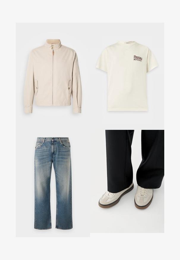 Beige Baumwolljacke mit kurzem Stehkragen, Frontreißverschluss, zwei Seitentaschen und Knopfdetails. Glatte Textur mit minimalistischem Design.; Cremefarbenes T-Shirt mit kurzen Ärmeln und Rundhalsausschnitt mit "Replay Motocicli" in kleinen dunklen Buchstaben auf der linken Brust.; Blaue Denim-Jeans mit lockerer Passform und geradem Bein. Verfügt über hellere Waschdetails und ein klassisches Fünf-Taschen-Design mit gestickten Akzenten.; Füße mit beigen Sneakers mit braunen Sohlen und schwarzen Hosen mit weitem Bein auf weißem Hintergrund.