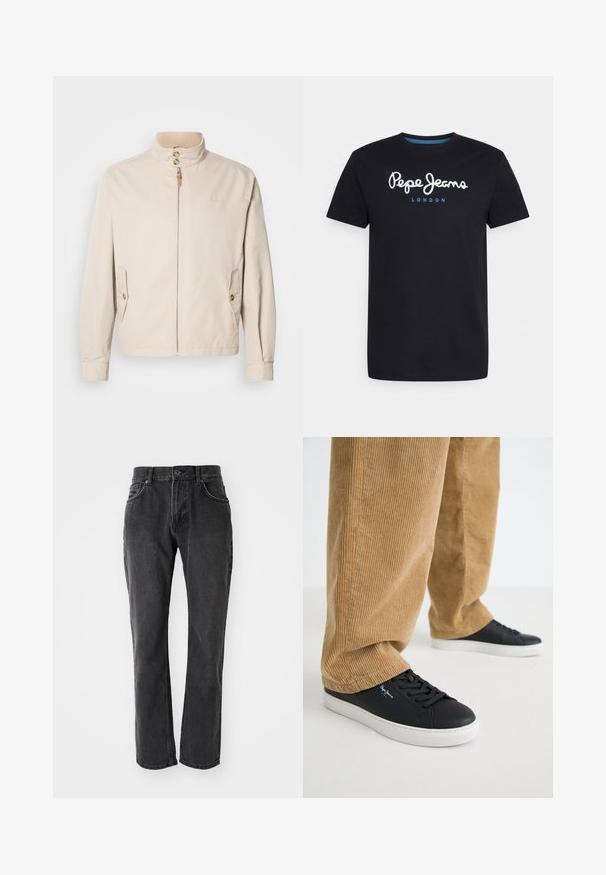 Beige bomuldsjakke med en kort stående krave, lynlås foran, to sidelommer og knapdetaljer. Glat tekstur med minimalistisk design.; Sort bomulds T-shirt med et hvidt skriftskriftlogo "Pepe Jeans" med en blå accent, rund hals og korte ærmer. Enkel, ensfarvet design.; Sorte denim jeans med lige pasform, der har fem lommer, knaplukning og syede detaljer langs sømmene og lommerne.; Sorte lædersneakers med hvide gummisåler. Båret med tanfarvede corduroybukser med vertikale ribber og en afslappet pasform.