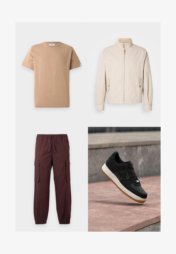 Beige Baumwolljacke mit kurzem Stehkragen, Frontreißverschluss, zwei Seitentaschen und Knopfdetails. Glatte Textur mit minimalistischem Design.; Beige Baumwoll-T-Shirt mit Rundhalsausschnitt, kurzen Ärmeln und einem dezenten, geprägten "REPLAY"-Logo auf der Vorderseite. Glenzige Textur, lockere Passform.; Braune Cargo-Hosen mit elastischem Bund und Knöchelbündchen, ausgestattet mit seitlichen Fronttaschen und großen Klapptaschen an jedem Oberschenkel.; Schwarzer Sneaker in niedriger Ausführung mit weißer Mittelsohle, brauner Außensohle und Nike-Swoosh-Logo, schwebt über einer rosa Betonfläche vor einem Hintergrund aus Steinmauer.