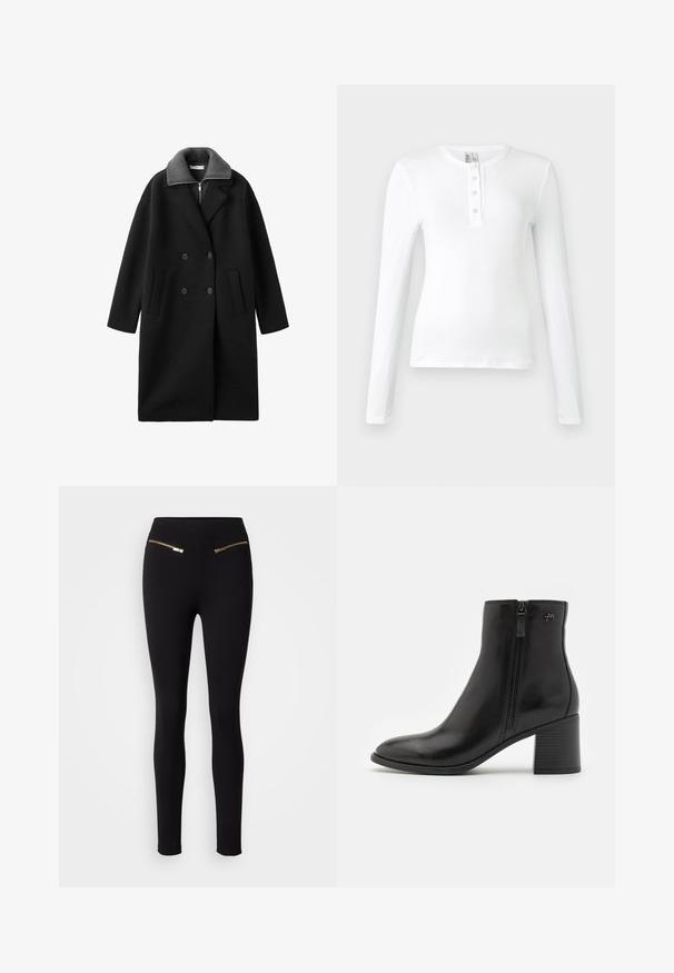 Sort dobbeltrækket frakke med store reverser, grå krave og to forlommer. Lavet af glat stof med en afslappet pasform og mellemlang design.; Hvid langærmet ribbet top med henley-krave, der har tre knapper. Glat tekstur og tætsiddende design.; Sorte leggings med en glat tekstur, med to guld lynlåslommer på fronten. Designet er tætsiddende og tapered ved anklerne.; Sorte ankelstøvler lavet af glat læder med en lynlås på siden. De har en spids tå og en tekstureret blokhæl for stabilitet.