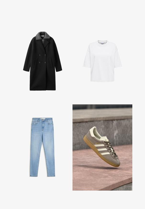 Zwarte dubbel-breasted jas met grote revers, grijze kraag en twee voorzakken. Gemaakt van een gladde stof met een relaxte pasvorm en een middellange ontwerp.; Witte oversized T-shirt met korte mouwen en een ronde hals, afgebeeld op een effen witte achtergrond.; Lichtblauwe denim jeans met een hoge taille, smalle pijpen, voorzakken en een ritsluiting. De stof toont een subtiele vervaging.; Lichtbruine suède Adidas sneaker met witte strepen en een rubberen zool, hangend boven roze stenen traptreden buiten.