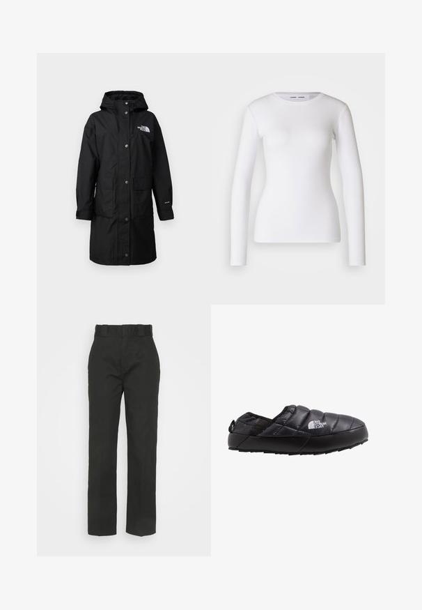 Zwarte, lange regenjas met een capuchon, twee voorzakken, drukknoopsluiting en een logo op de borst; gemaakt van weerbestendig materiaal.; Witte longsleeve shirt van ribstof, met een ronde halslijn en een getailleerde vorm. Er zijn geen patronen of accenten aanwezig.; Zwarte broek met een rechtstreekse pasvorm, gemaakt van een gladde stof. De tailleband heeft riemlussen en geen zichtbare sluitingen.; Zwarte geïsoleerde instapschoen met een gewatteerde bovenkant, rubberen zool en textuurdetails. Voorzien van een hiel trekhaak en merknaam aan de zijkant.